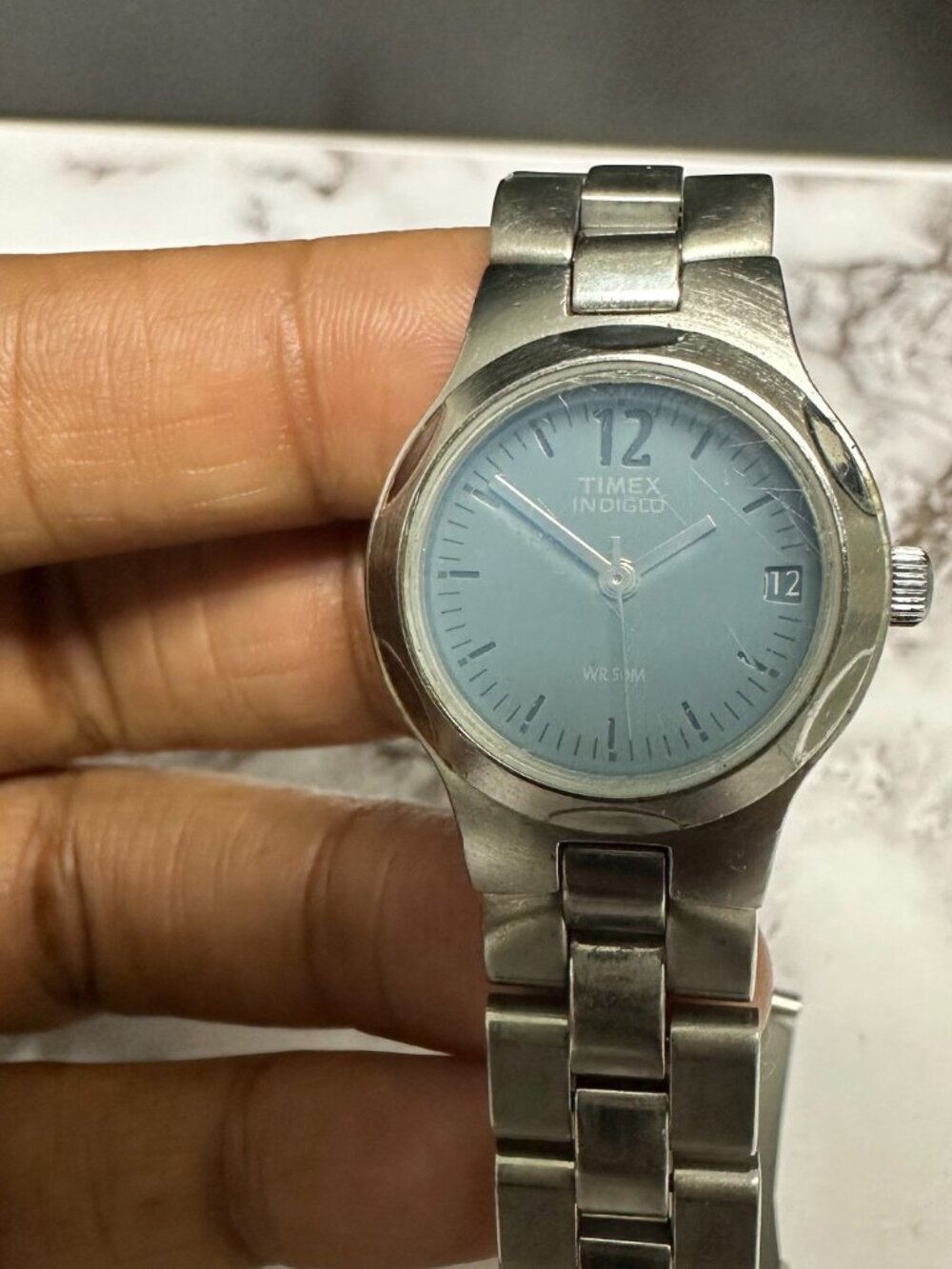 Timex Indiglo Watch Women Silver Tone Blue Dial Date Flawed bracelet Works